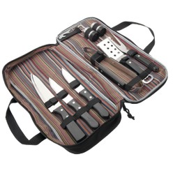9 Piece tribal stripe BBQ set, features: zipper closure, tribal stripe trims, front pocket, 3 carving knives, steel tongs, fork, steel spatula with bottle opener, bottle opener / corkscrew
