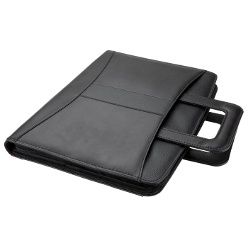 A4 Handled folder with 2 binder: Leatherette, Extending carry handle, Zippered closure, 40 lined pages, Interior zippered pocket, 2 smaller interior pockets, 3 card slots, ID window, gusseted file pocket for tablet, 2 ring bidder, 2 elastic pen loops, Inner cellphone/calculator pouch. Accessories Not included
