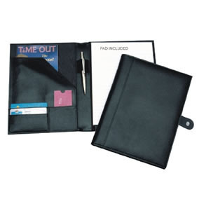 Fine black A4 Leather Folder with tab closure, business card/credit card pockets, 2 side pockets and document pocket inside cover, pen loop, holds A4 pad - pad included, pen not included