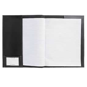 A4 Notebook with black leather cover, 232 cream lined pages, holds A4 notebook - included, pen loop, detailed stitching, removable sleeve with two side pockets, business card pocket