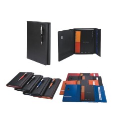 Soft PU Material, Colored Inlay Lining, Business Card / Credit Card & Document Pockets, Pen Loop, Supplied with Replaceable A4 Wiro-Bound Notebook, 80 Pages, Gift Boxed