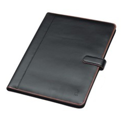 Genuine leather, Stylish Design, A4 tab closure folder, Pony step-and-repeat, PU inner lining, Holds A4 Notebook - book included, Business cards/credit card pockets, Brown trim, Document pocket, Pen loop, Embossing, Gift boxed
