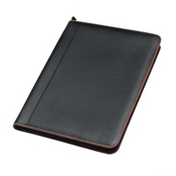 Genuine leather, Stylish Design, A4 Zipper closure folder, Pony step-and-repeat, PU inner lining, Holds A4 Notebook - book included, Business cards/credit card pockets, Brown trim, Document pocket, Pen loop, Embossing, Gift boxed