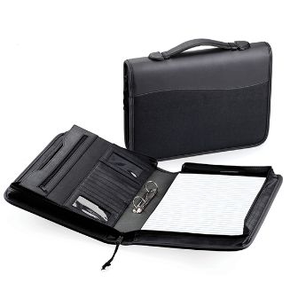 Black ko skin A4-Ring binder with handle removable ring binder section business card window and pockets zippered compartment pouch all in front cover notepad included