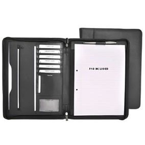 Genuine black leather Zip Around folder with business card/credit card pockets, pen loop, gusseted filing pocket, holds A4 pad - pad included, side slot for side opening book, pen not included