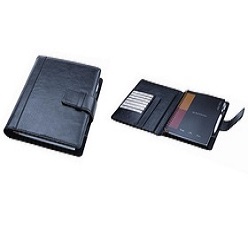 Material PU, Stylish A5 Folder, Tab closure, Business card / credit card and document pocket, pen loop, Supplied with replaceable wire-bound notebook, 80pages, Page size: 210 x 140mm, page marker, Embossing, Foiling, Gift boxed