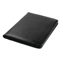 Bonded leather, 30 lined pages, full size interior pocket, 3 smaller interior pockets, elastic pen loop