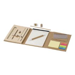 cardboard folder, 40 pages lined notepad, 15cm bamboo ruler, cardboard pen, blue ink, two pencils, pencil sharpener, eraser, memo pages (25 pages) yellow memo notepad