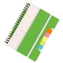 wire bound notebook, 17cm ruler, five colour of sticky notes 25 per colour) 60 lined pages, elastic closure