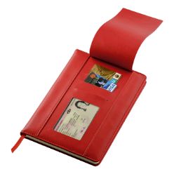 PU cover, flip up front panel with 2 card holders and ID window, 96 Lined pages