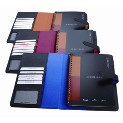 A5 folder with coloured inlay lining, business card/credit card and document pocket, pen loop, supplied with replaceable A5 wird-bound notebook, page: 80