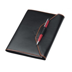 Genuine leather, Stylish Design, Flap over pen closure, Pony step-and-repeat, PU inner lining, Holds A5 Notebook - book included, Brown trim, Pen loop, Embossing, Gift boxed