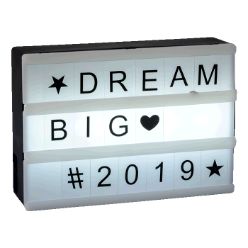 on/Off button, light up message board, 3 AAA batteries included, includes 60 letters and numbers