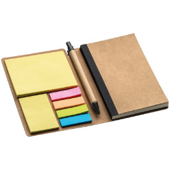 with 140 lined pages. assorted sticky notes. eco-friendly pen and elastic band closure
