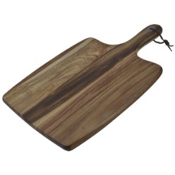 Serve it up in style with this smooth natural Acacia board perfectly designed with versatile functions and ideal for serving up food at your next party or as a cheese platter served with crackers and wine. Its features include a natural solid Acacia wood with leather rope on handle, Do not leave in soaking water, Do not put in the dishwasher, Wipe the surface down with wet cloth and soap, Acacia solid wood