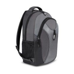 Features include: Two compartments with zip closures, Contrast piping pattern detail, Carabiner clip on front panel,  Two side mesh pockets, Zip pullers with toggles, Padded loop handle, Padded back panel, Padded adjustable back straps