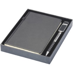 An executive gift set that allows you to make notes using the journal and pen as well as storing all your memories with the 8GB USB. This gift set includes, PU A5 journal with 160 cream-coloured lined pages, thread-sewn binding and elastic on spine, Pen with metal barrel and clip, black ink refill, 8GB USB flash drive, Packaged in a black gift box PU.