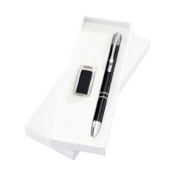 Created for your convenience. Write down all your ideas and back them up by storing all your data using the USB. Features include a metal barrel, black ink, 16GB USB flash drive, metal clasp. Packaged in a white gift box Metal