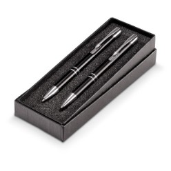 Why not add an element of style and colour to your logo with this high gloss metal ballpoint pen and pencil set. Features include a metal barrel with contrasting silver tip and clip, the pen contains black German-manufactured ink. Packaged in a black presentation box. Metal barrel