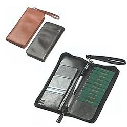 Italian leather travel wallet with zip around for safety, pen loop, airline ticket section, boarding pass section, credit card pockets and travel card section with carry sling
