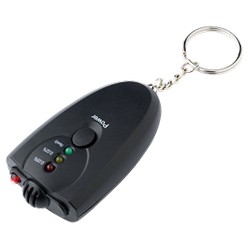 Alcohol Test keychain, features: ABS alcohol tester on keychain, 1 Red LED light on top to be used as a torch, 3 coloured LED lights, green (ready), Yellow (0, 02%) red, 1month piece, key ring, batteries included, for promotional use