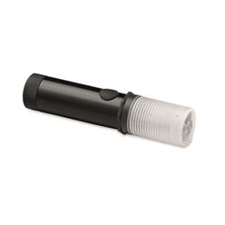 An emergency safety torch with 3 light settings. A red static and flashing light as well as a white static light. It also has a round magnetic bottom 3 AAA batteries included