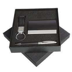 Stylish Gift Set includes business card case, keychain and ballpoint pen, all with zinc alloy trim and black PU material in a gift box