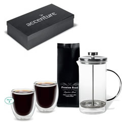 Borosilicate glass & stainless steel plunger, borosilicate glass double wall coffee mugs, 250g Premium Roast Ground Arabica Coffee Beans, presentation box