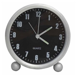 Aluminium Desk Clock with black face, luminous dials and white numbers