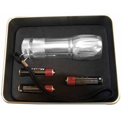 Aluminium LED torch with strap in presentation tin (batteries included)