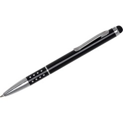 Ballpoint pen with soft rubber stylus for use with touch screen devices. Packaged in a black velvet pouch