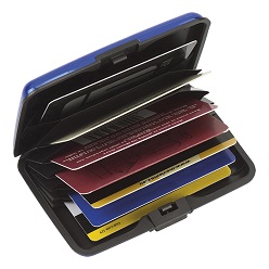 Aluminium credit/business card case, 7 internal card slots, push button for opening