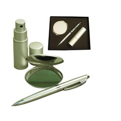 Aluminium pen, round double sided compact mirrior and oval atomiser in gift box