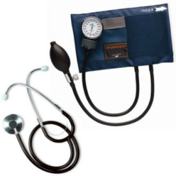 Aneroid Sphygmomanometer. Upper Arm blood pressure monitoring cuff. Includes Stethoscope. Composed of an inflatable cuff to restrict blood flow, and a mercury manometer to measure the pressure