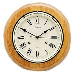 Antique Oak Wall Clock - Dia 285mm, with Roman numbers with small squares between the numbers and a big gold face that has a small black rim around the face on the wood with big teardrop hands to keep time
