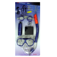 6  piece set consists of mask, snorkel, goggle, ear plugs, swim safe box and mesh  bag.