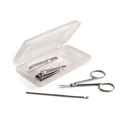 This clear case includes nail clipper scissors tweezer and ear cleaner