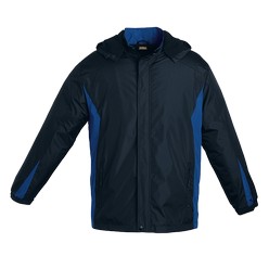 Ascender jacket: Two-tone jacket with fully-lined polyester fleece. Features contrast front, back and sleeve panels, inverted zip pockets with bar-tacks, elasticated bungee cord and toggles, and detachable lined hood. This jacket also includes half-elasticated cuffs with adjustable velcro straps, and a sip opening for embroidery access. This garment fabric is water and wind resistant. 100%polyamide outer fabric, nylon inverted zips with rubber zip puller, storm flap with velcro and snaps