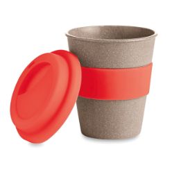 Eco Friendly travel mug with single wall tumbler in bamboo fiber and PP Plastic has matching colourful silicone lid and band