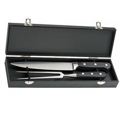 Carving set including stainless steel carvin knife and fork, packaged in a presentation box