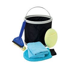 Car wash kit in a convenient black carry case with double zippered closure and transparent top, includes collapsible 19 litre bucket, wax applicator, washing mitt, 2 x microfibre cloths and squeegee