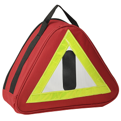 Emergency triangular back with front emergency sticker, warning triangle, jumper cable, siphon pump, poncho, electrical tape, safety vest, 10 cable ties