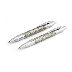 An elegant ball pen and clutch pencil set with an intricate wire design. The set is presented in a multifaceted presentation box with branding plaque, barrel stainless steel & wire, clip, tip & trim polished chrome, pen with black German ink, clutch pencil with 0.7mm lead, presentation box 17 (l) x 7.2 (w) x 2.6 (h), includes metal branding plaque
