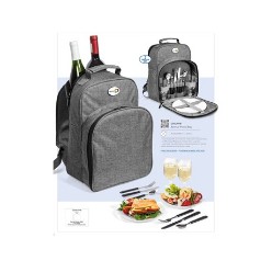 Ideal & stylish in a beautiful grey. Main zippered cooler compartment with aluminium foil lining. Large front zippered compartment which contains 2 x PS plates 2 x glasses  2 x knives, forks & spoons 1 x waiters? friend. Recessed plaque for domed sticker application attached to cooler. Adjustable shoulder straps. Top grab handle. (Check out more from the Avenue Collection - Cool-5140 and Cool-5150)