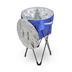 600D material cooler tub with handles and insulated compartment on metal frame stand. Packaged in a carry bag.