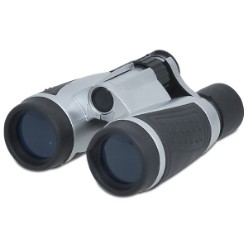 4 x 30 blue lens silver and black binoculars with strap. Packaged in a black nylon pouch.