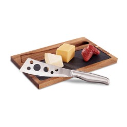 Acacia wood base with stainless steel cheese knife and removable slate board. , Acacia