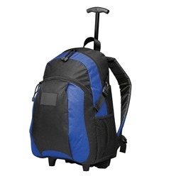 Backpack made from 600D fabric with adjustable padded backpack straps, adjustable straps with clips, mesh pocket, detailed zip pullers, retractable handle, heavy duty wheels, elasticated wheel slip cover and a branding plaque.