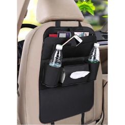 Organizer that attaches to seat via head rest with various sized compartments and 2 cup holders