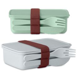 Lunch box made of bamboo fiber and pP plastic with one main compartment one knife and fork includes an elastic band to hold cutlery in place